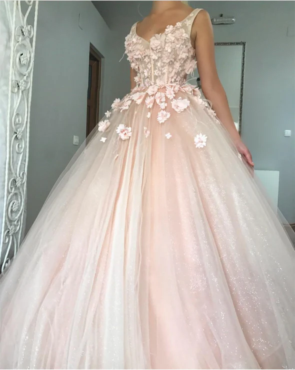 Blush Pink Tulle V-Neck Ball Gown Flowers Sweet 16 Dress - View 2 | FashionDia