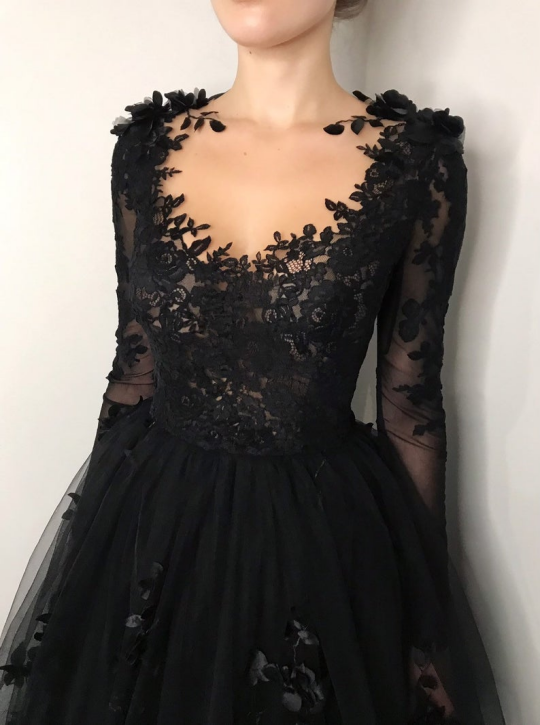 Black Long Prom Dress Gothic style Wedding Dress Tulle Evening Dress - FashionDia