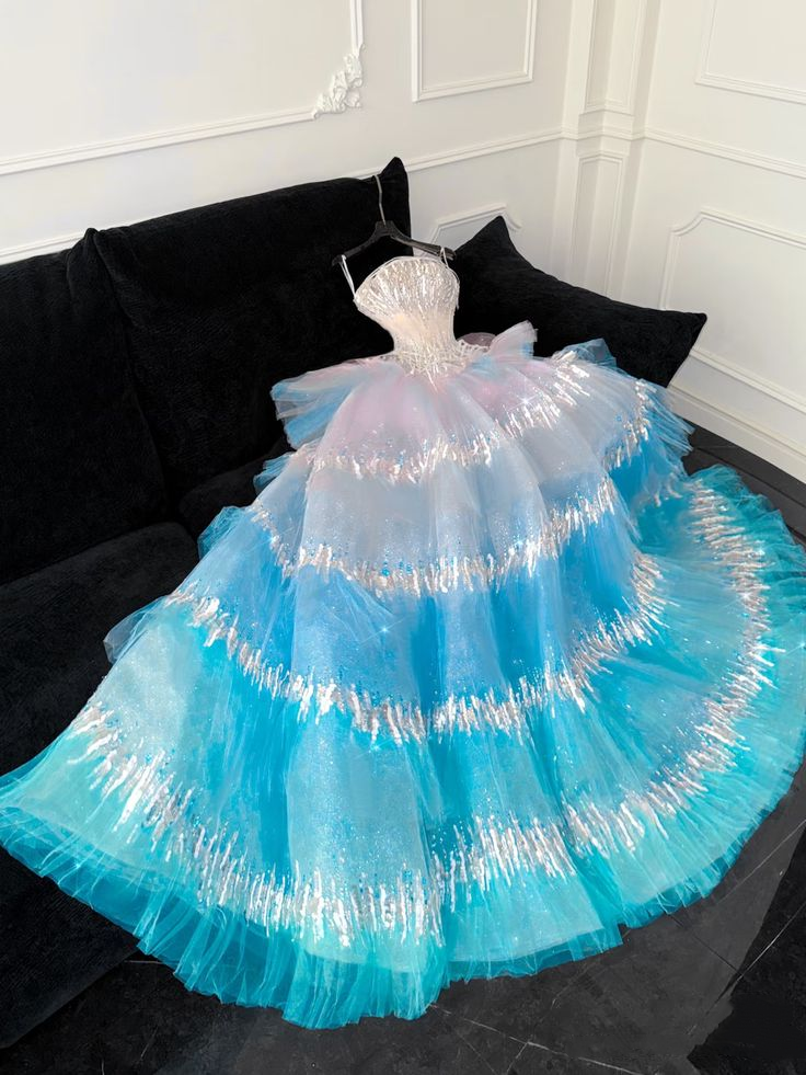 Gorgeous Ombre Blue Tulle Sequin Mermaid Evening Dress Long Party Dress - FashionDia