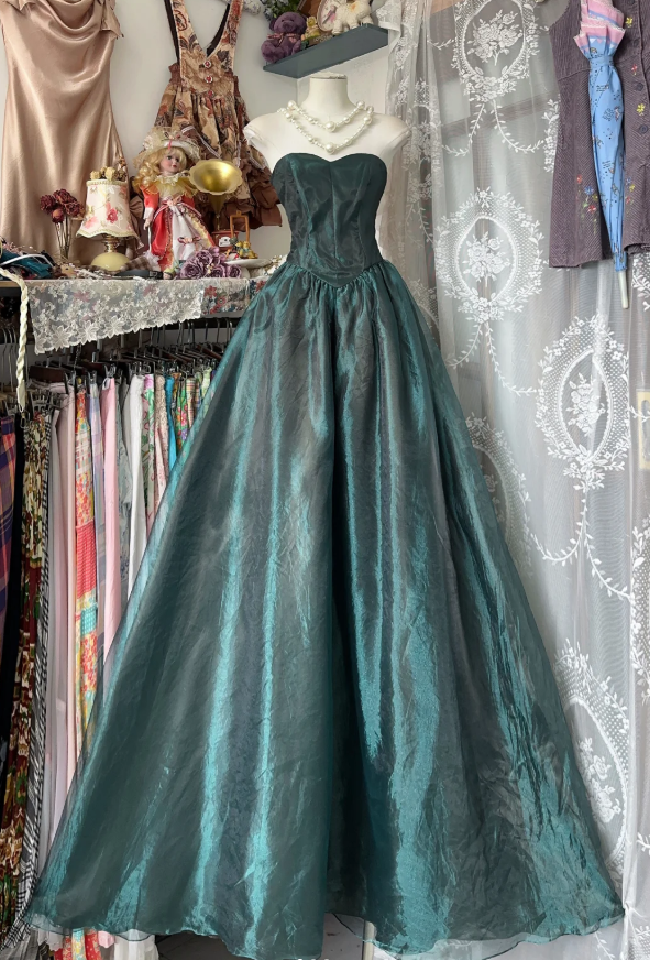 Vintage Strapless Dark Green Organza Ball Gown Long Evening Dress - FashionDia