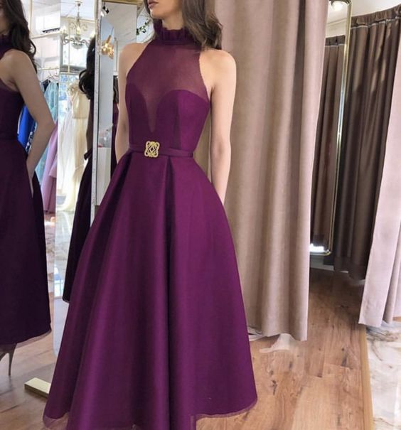 Purple A-line Sleeveless Prom Dress Purple High Neck Evening Dress Y5859 - VelvetHem