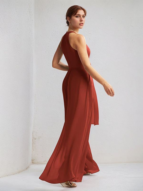 Rust Chiffon A-Line Halter Neck Sleeveless Floor-Length Bridesmaid Dress - View 2 | FashionDia