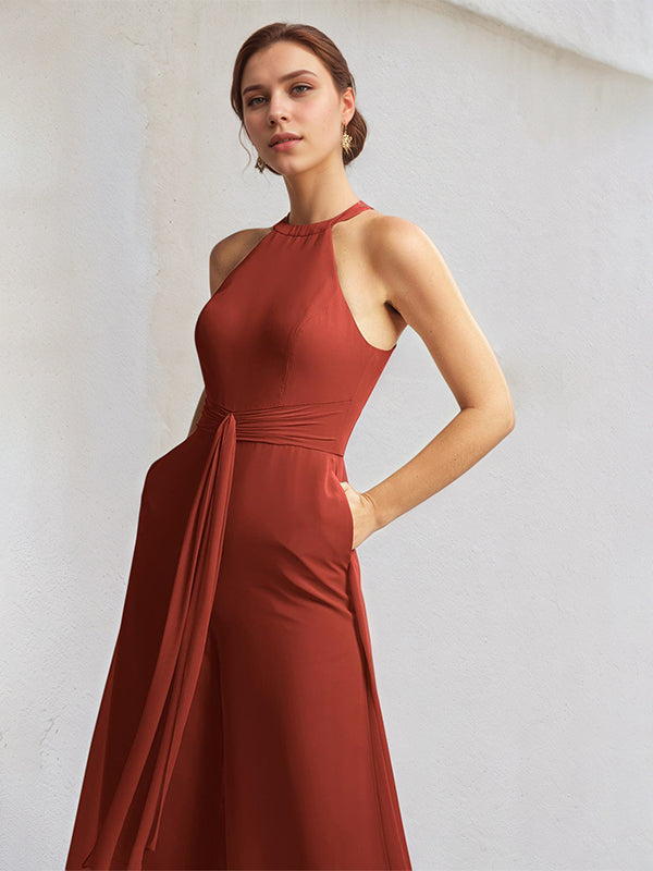 Rust Chiffon A-Line Halter Neck Sleeveless Floor-Length Bridesmaid Dress - View 3 | FashionDia