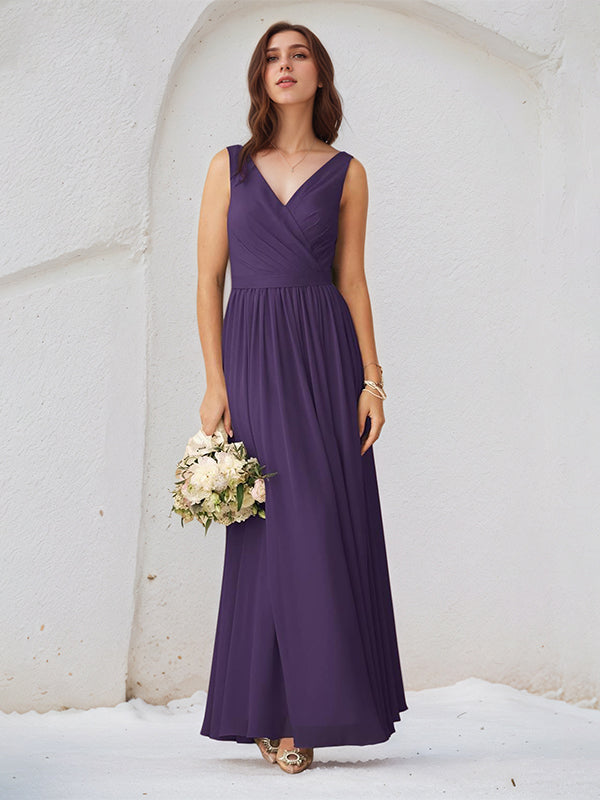 Regency A Line Chiffon V Neck Sleeveless Floor Length Bridesmaid Dresses