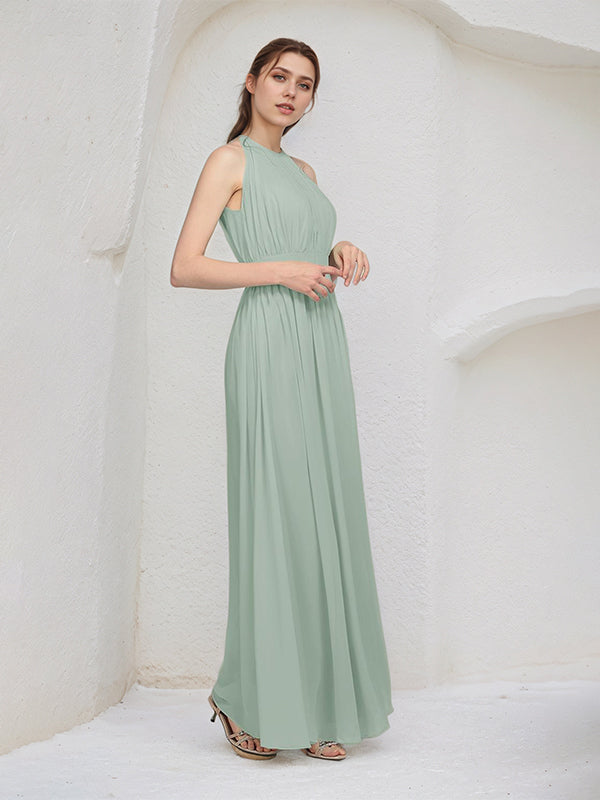 Sage A Line Chiffon Halter Neck Sleeveless Floor Length Bridesmaid Dresses
