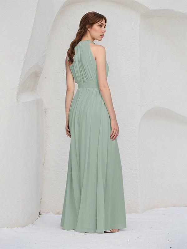 Sage A Line Chiffon Halter Neck Sleeveless Floor Length Bridesmaid Dresses