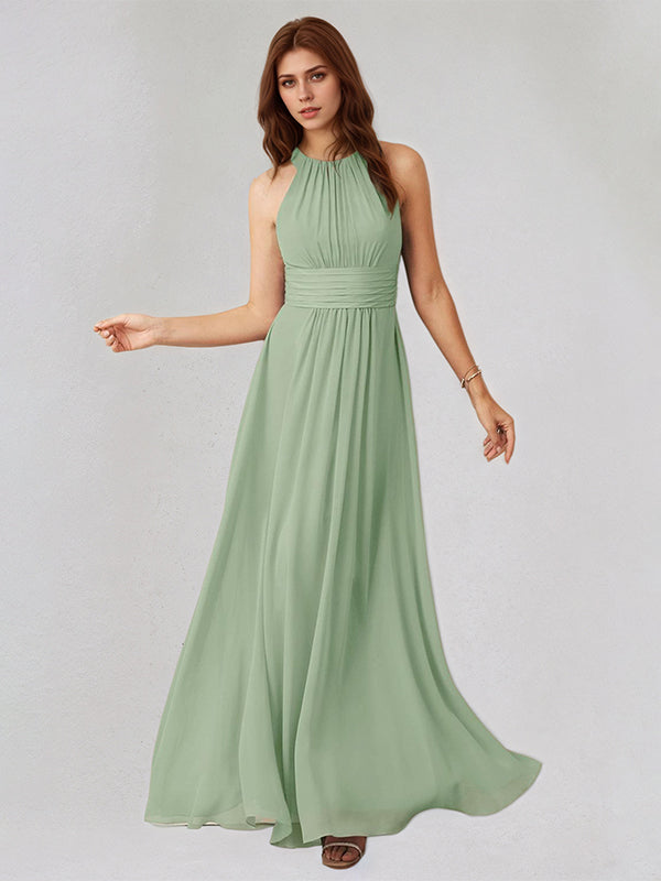 Agave Chiffon A Line Halter Neck Sleeveless Floor Length Bridesmaid Dress