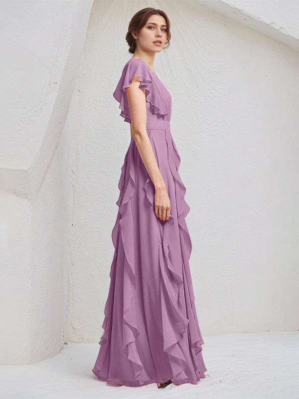 Orchid Chiffon A Line V Neck Short Sleeves Floor Length Bridesmaid Dress
