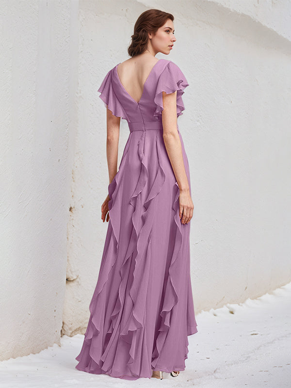 Orchid Chiffon A Line V Neck Short Sleeves Floor Length Bridesmaid Dress