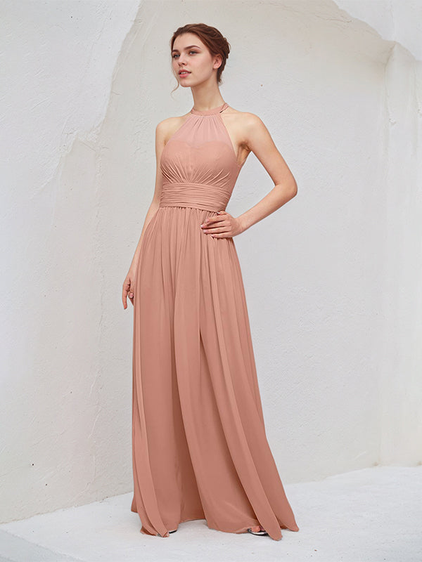 Rose Pink A Line Chiffon Halter Neck Sleeveless Floor Length Bridesmaid Dresses