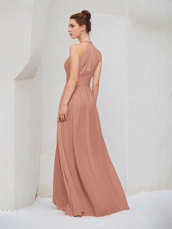 Rose Pink A Line Chiffon Halter Neck Sleeveless Floor Length Bridesmaid Dresses