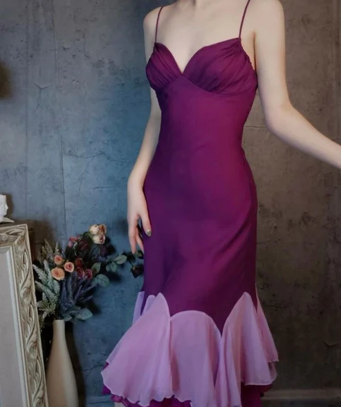 Vintage Spaghetti Straps Purple Satin Mermaid Evening Dress Long Wedding Guest Dress