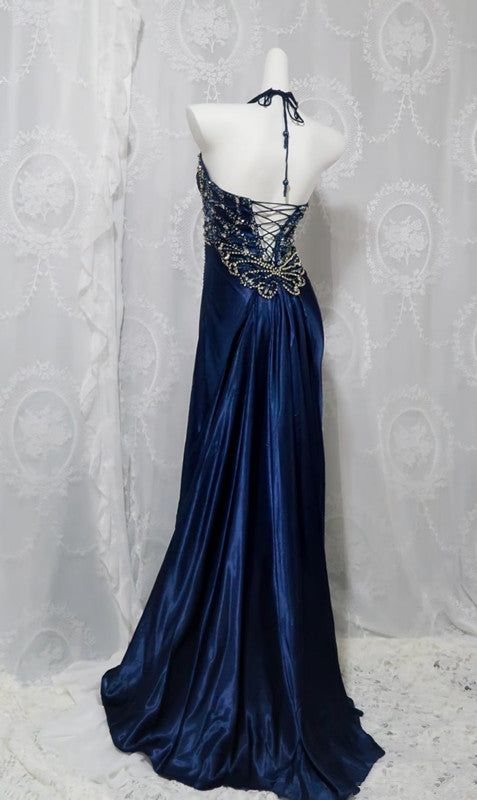 Gorgeous Navy Blue Halter Beaded Satin Memiad Prom Dress Fashion Slit Party Prom Dress - View 3 | FashionDia