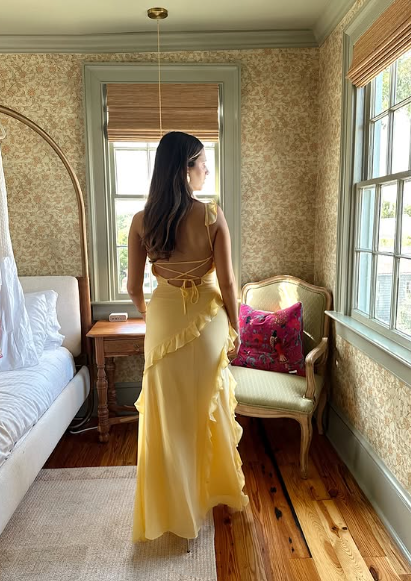 Elegant Yellow Spaghetti Straps Ruffle Slit Prom Dress,Long Party Evening Dress - View 4 | FashionDia