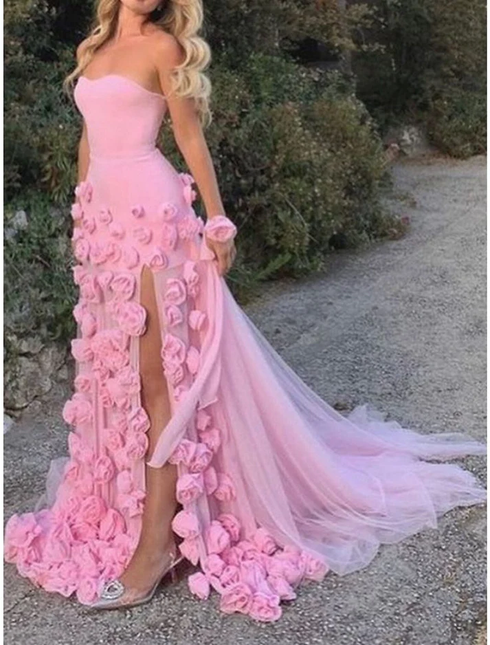Beautiful Pink Strapless Tulle Rose Flowers Prom Dress Mermaid Slit Evening Dress Wedding Dress - FashionDia