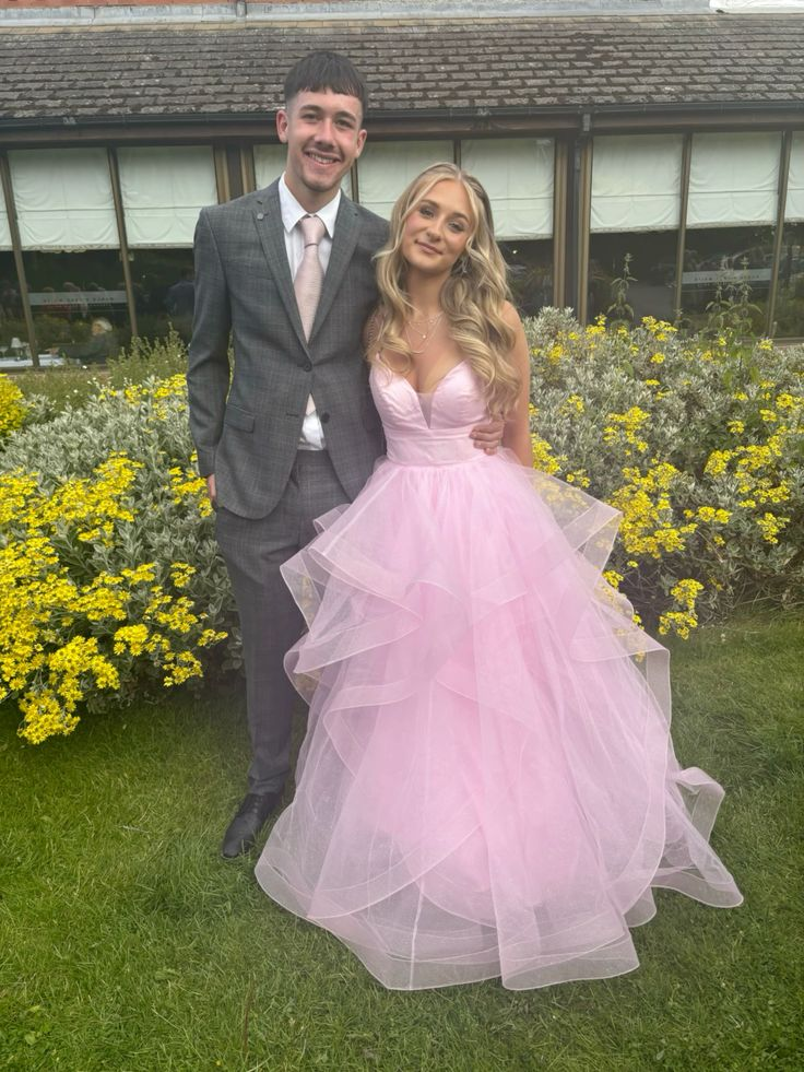 Shiny Pink Tulle Tiered A Line Prom Dress Straps Evening Gown Y7932 - View 2 | VelvetHem