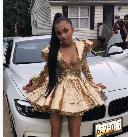 Gold Sequined Puffy Mini Homecoming Dress Sparkly Long Sleeves Simple Above Knee Cocktail Party Dress - FashionDia