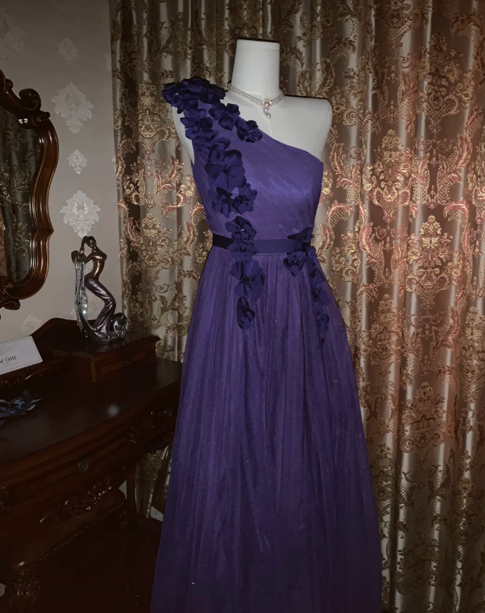 Elegant Purple One-Shoulder Tulle Appliques A-Line Wedding Guest Dress Long Party Dress - View 3 | FashionDia