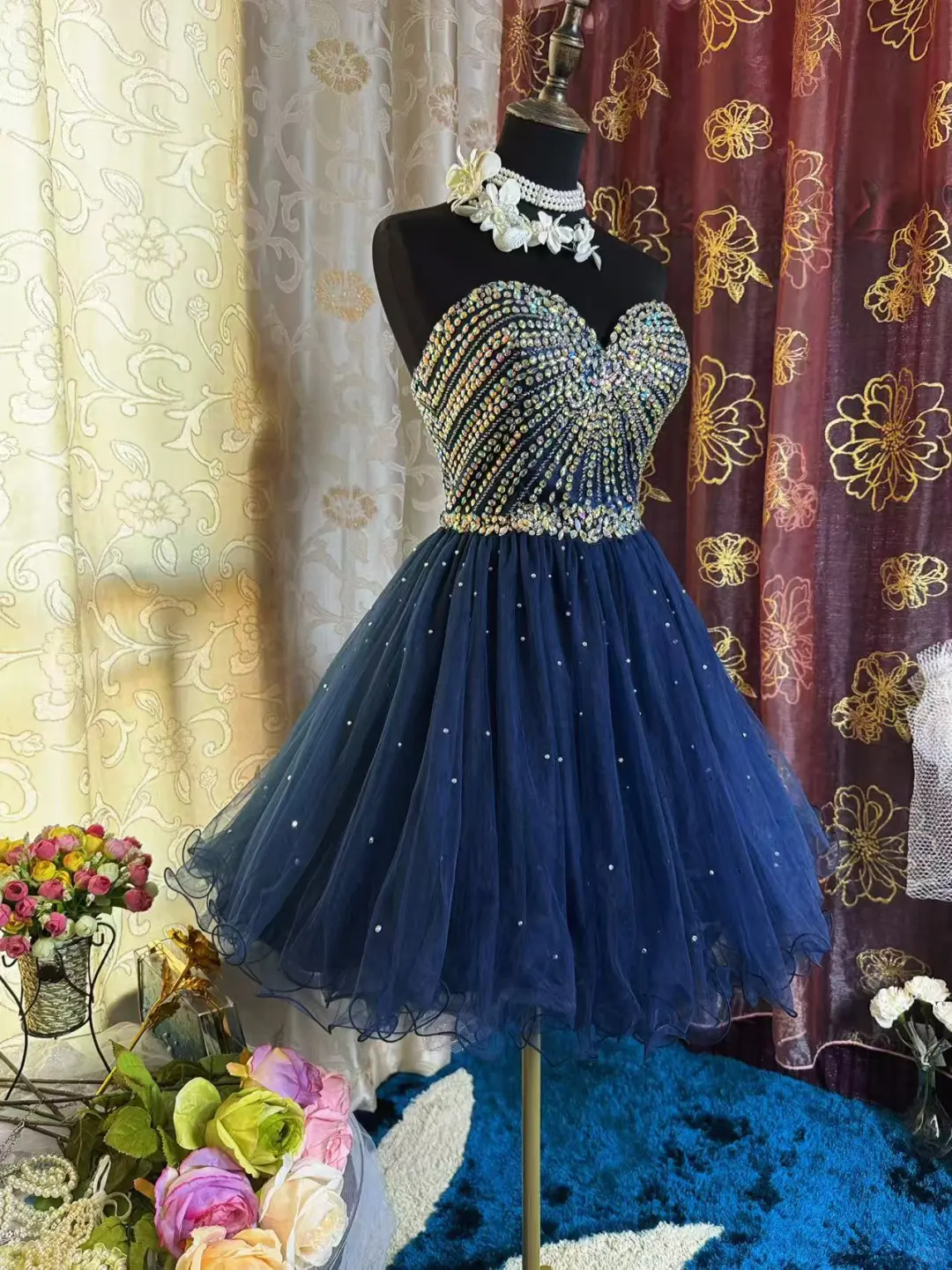 Sparkly Sweetheart Neck Blue Tulle Beaded A-Line Short Prom Dress Formal Homecoming Dress - View 5 | FashionDia