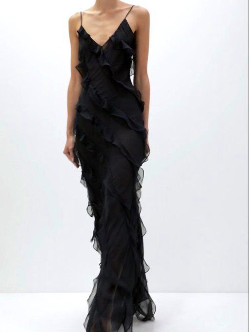 Black Sexy Mermaid Ruffles Evening Dress Spaghetti Straps Prom Dress Party Dress - View 2 | FashionDia