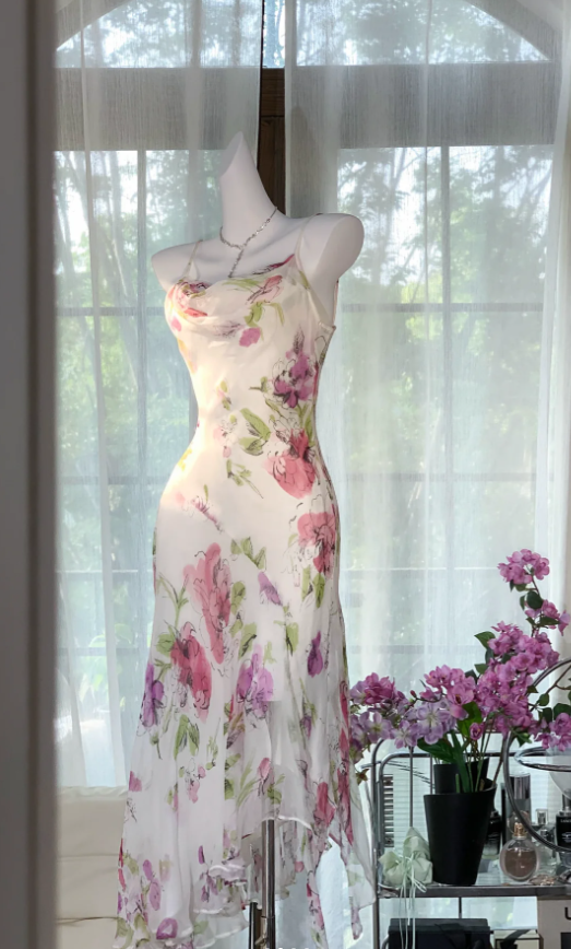 Pretty Spaghetti Straps Chiffon Print Floral Mermaid Evening Dress Long Party Dress - View 2 | FashionDia