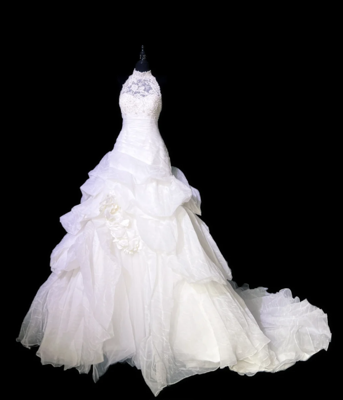 Charming White Halter Tulle Beaded Pleated Long Wedding Dress Formal Bridal Dress - FashionDia