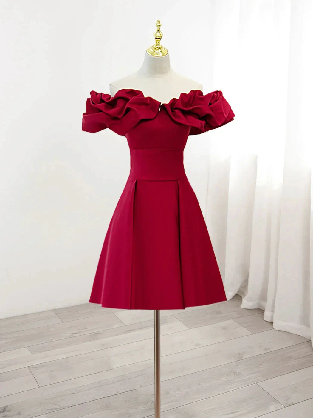 Burgundy A-Line Off Shoulder Satin Homecoming Dress Y2506 by simplepromdress