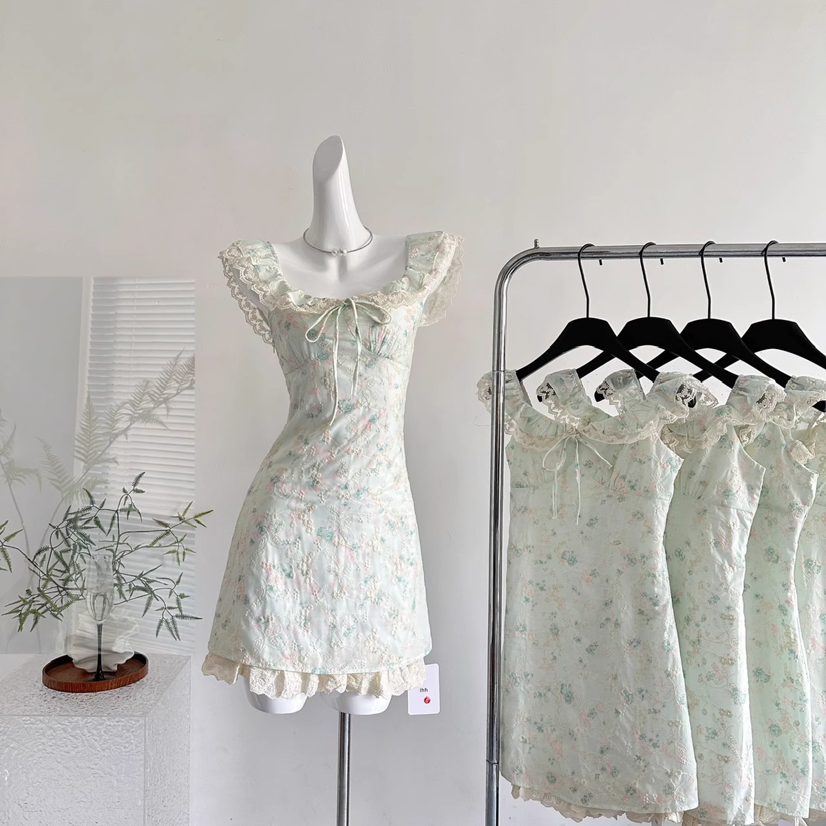 Sweet Floral Mint Green A-Line Short Dress Birthday Dress - View 3 | FashionDia