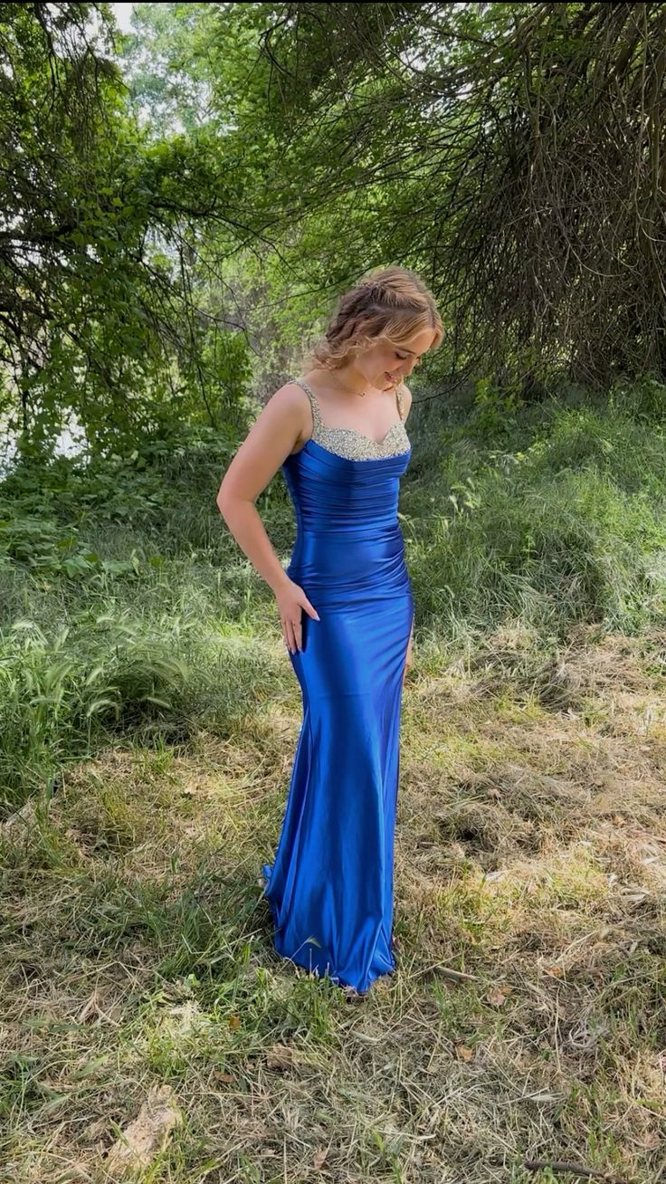 Gorgeous Spaghetti Straps Royal Blue Satin Beaded Mermaid Party Dress Formal Wedding Guest Dress - FashionDia