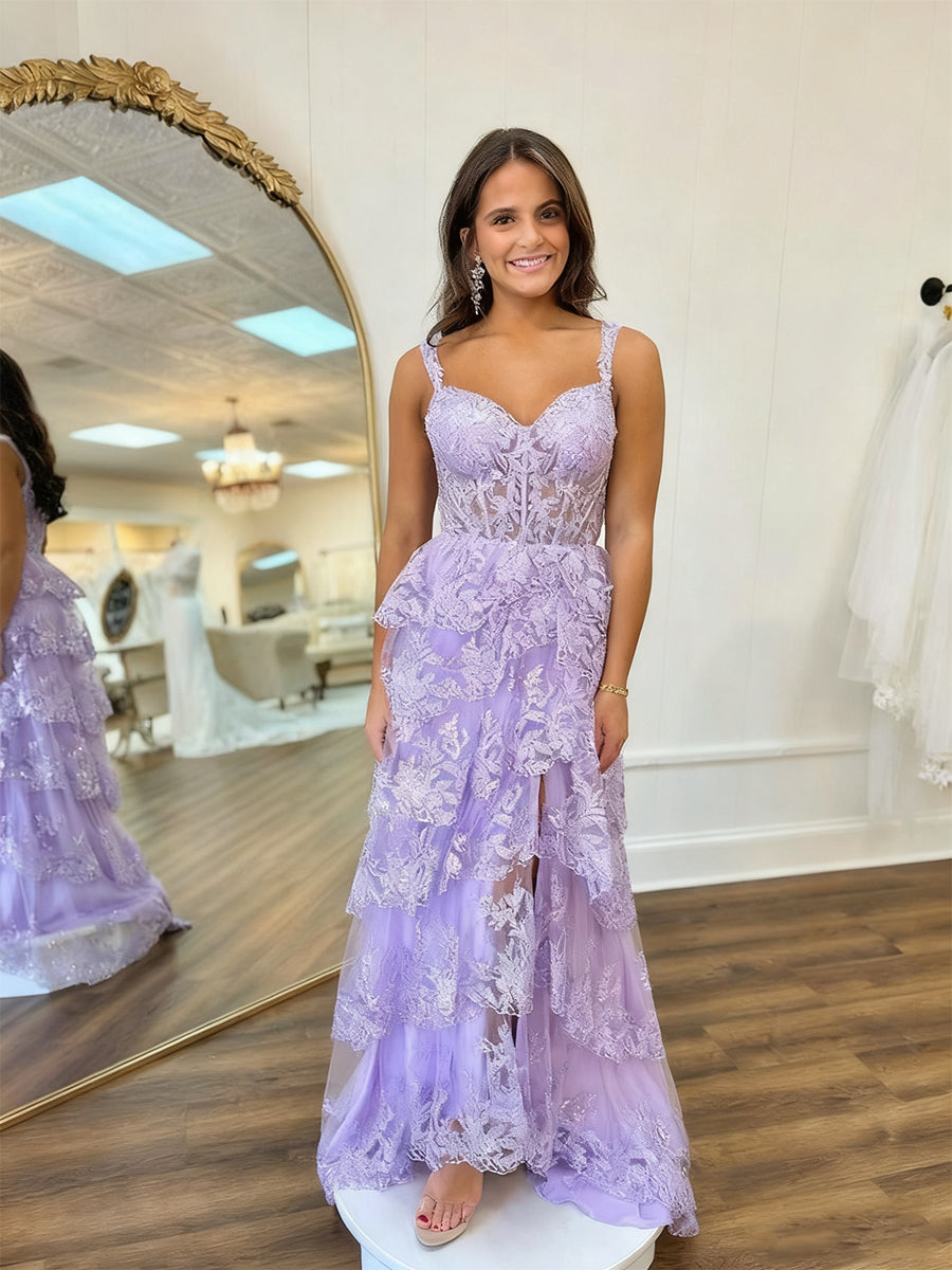 A-Line Lilac Tiered Lace Long Prom Dress with Slit - FashionDia