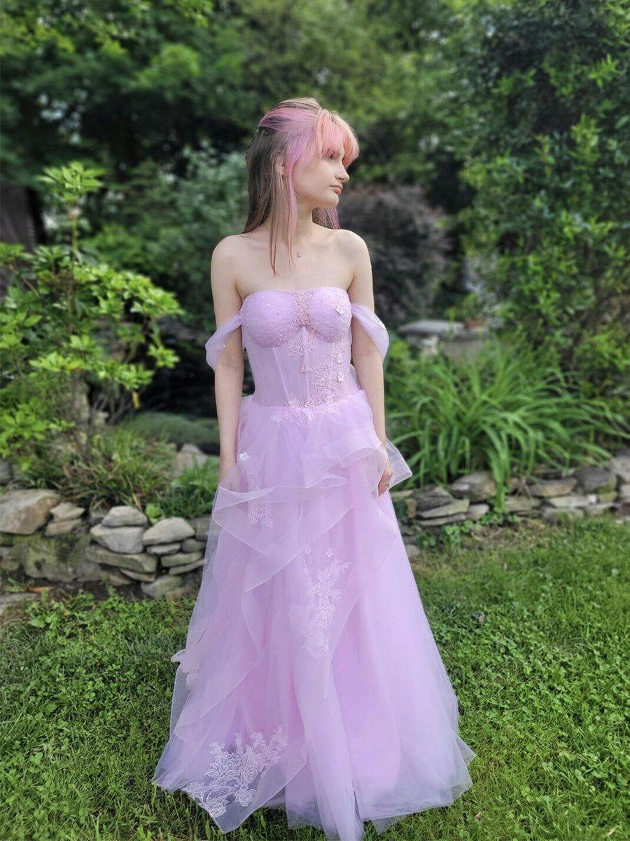 A Line Off-the-Shoulder Appliques Lace Tulle Long Corset Prom Dress