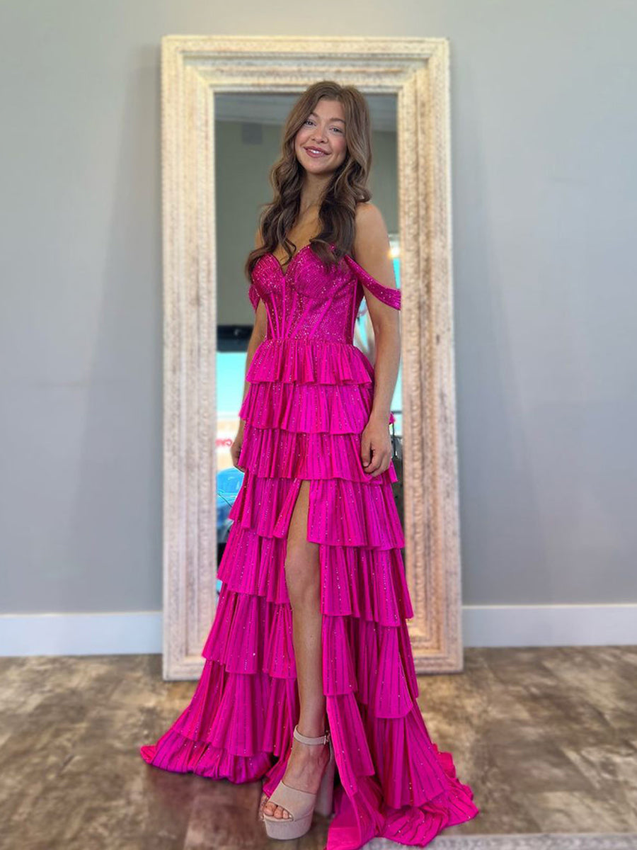 A-Line Off-the-Shoulder Tiered Beaded Prom Dress with Slit - FashionDia