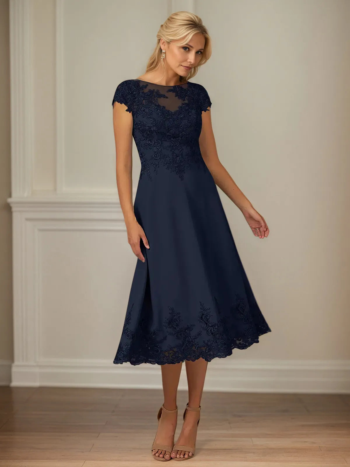 A Line Scoop Neck Cap Sleeves Ankle Length Chiffon Mother of the Bride Dress