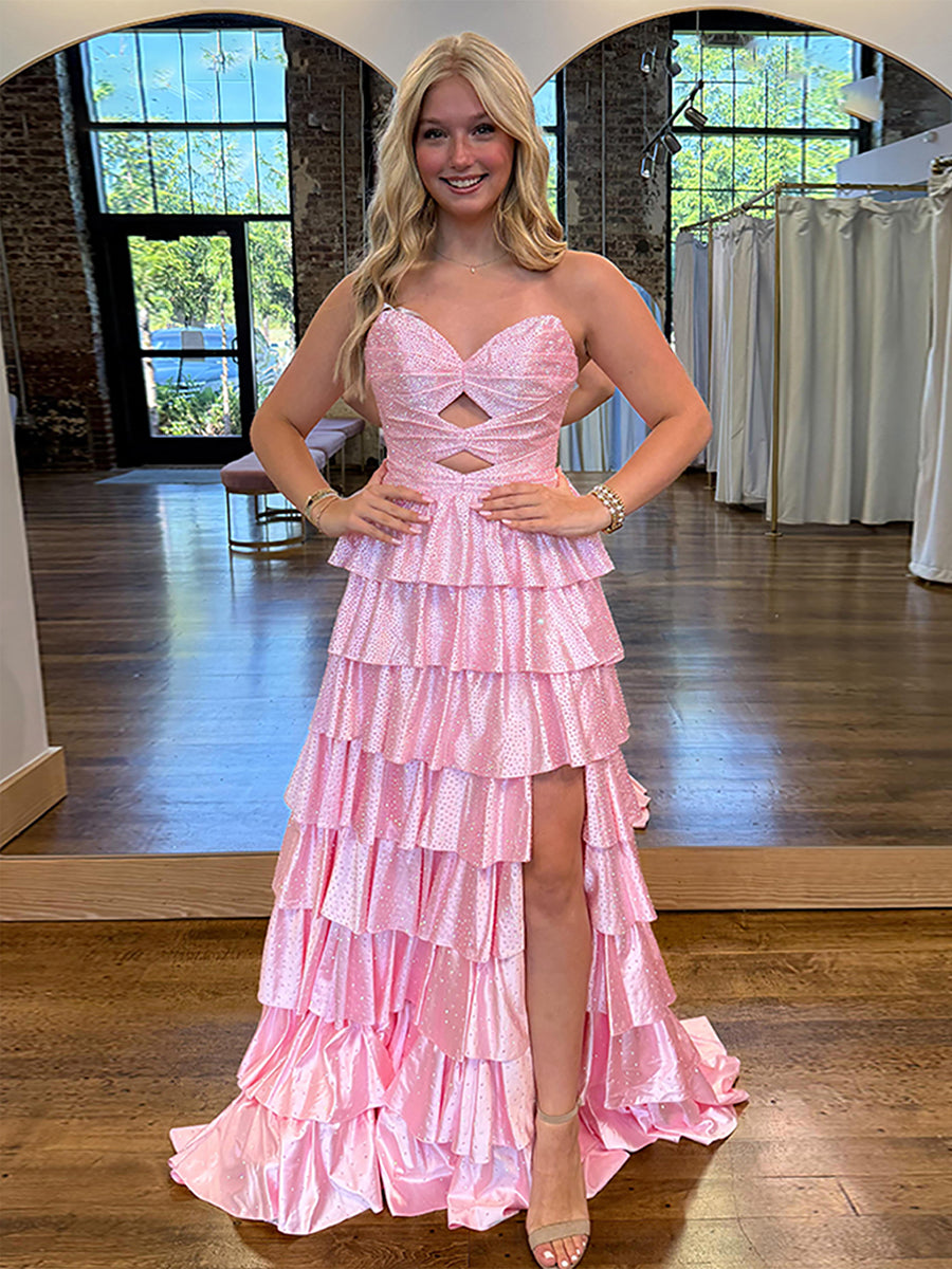 A-Line Strapless Sweetheart Satin Long Prom Dress with Keyhole - FashionDia