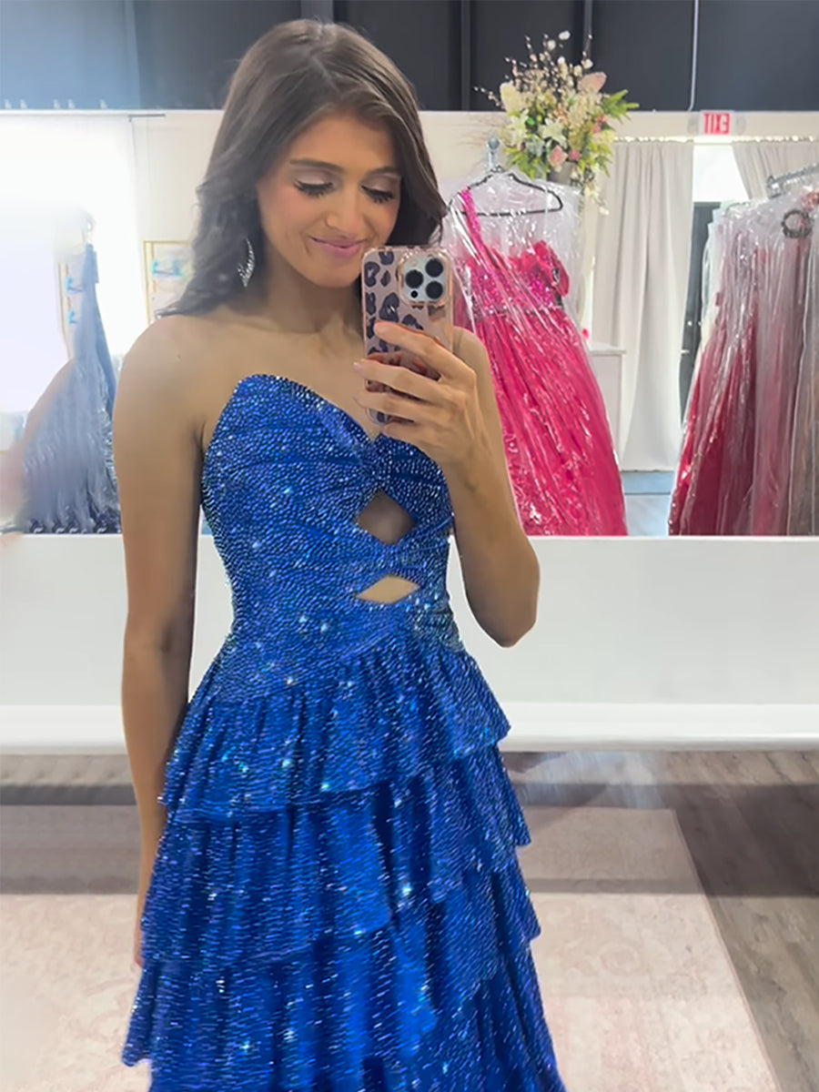 A Line Strapless Sweetheart Satin Long Prom Dress with Keyhole
