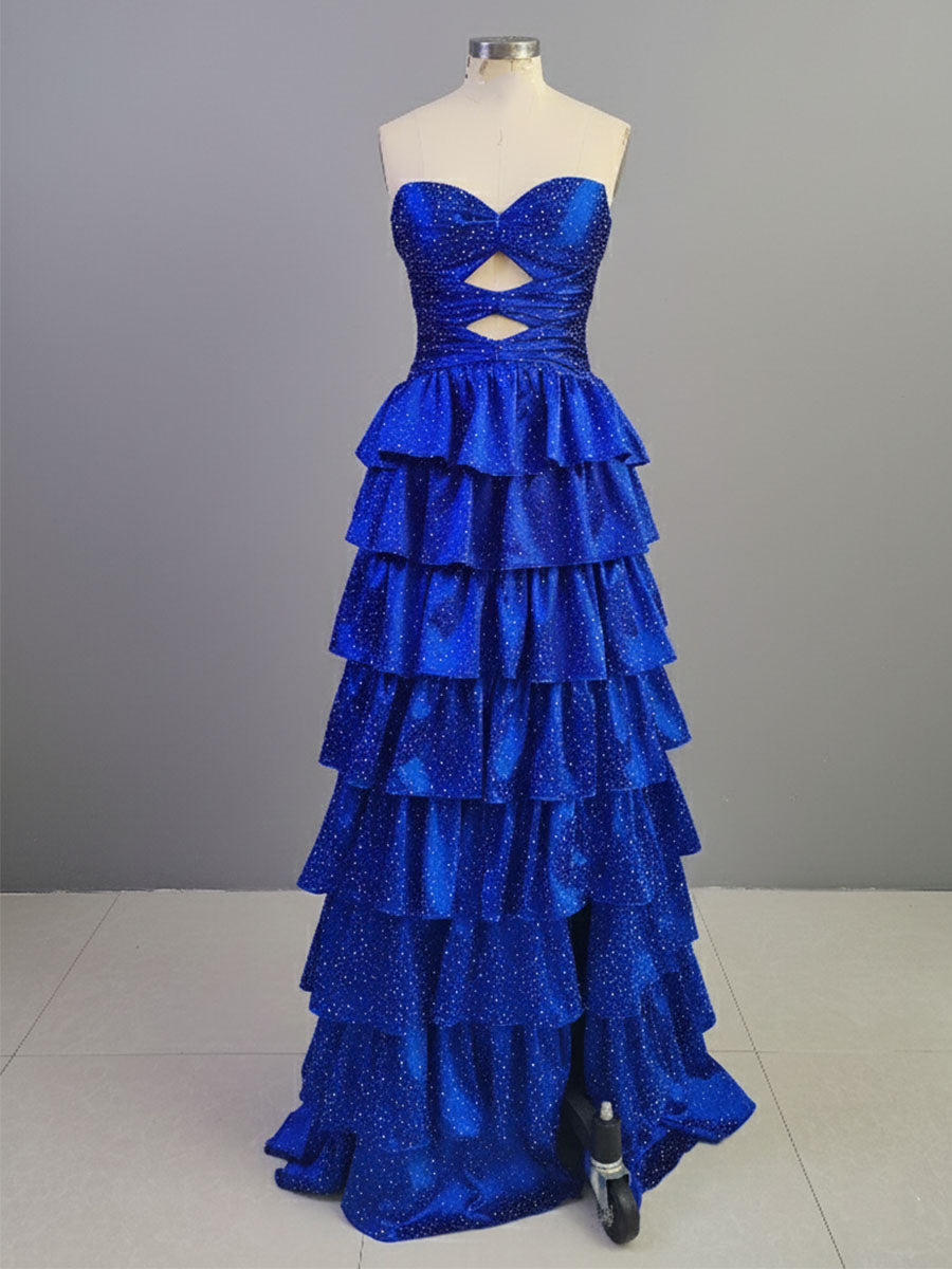 A Line Strapless Sweetheart Satin Long Prom Dress with Keyhole
