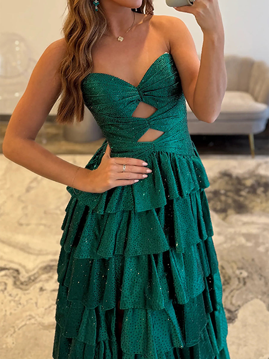 A Line Strapless Sweetheart Satin Long Prom Dress with Keyhole