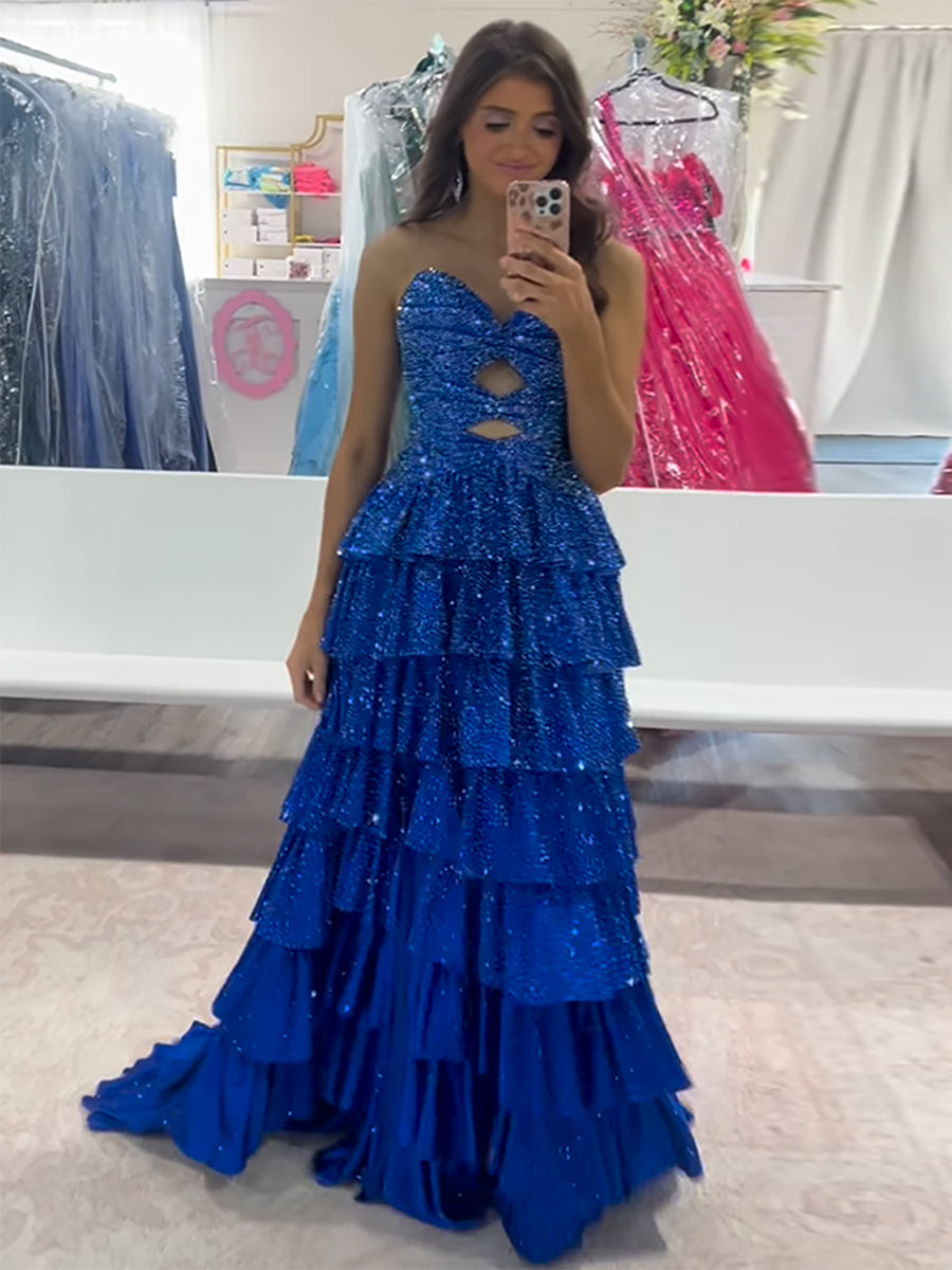 A Line Strapless Sweetheart Satin Long Prom Dress with Keyhole