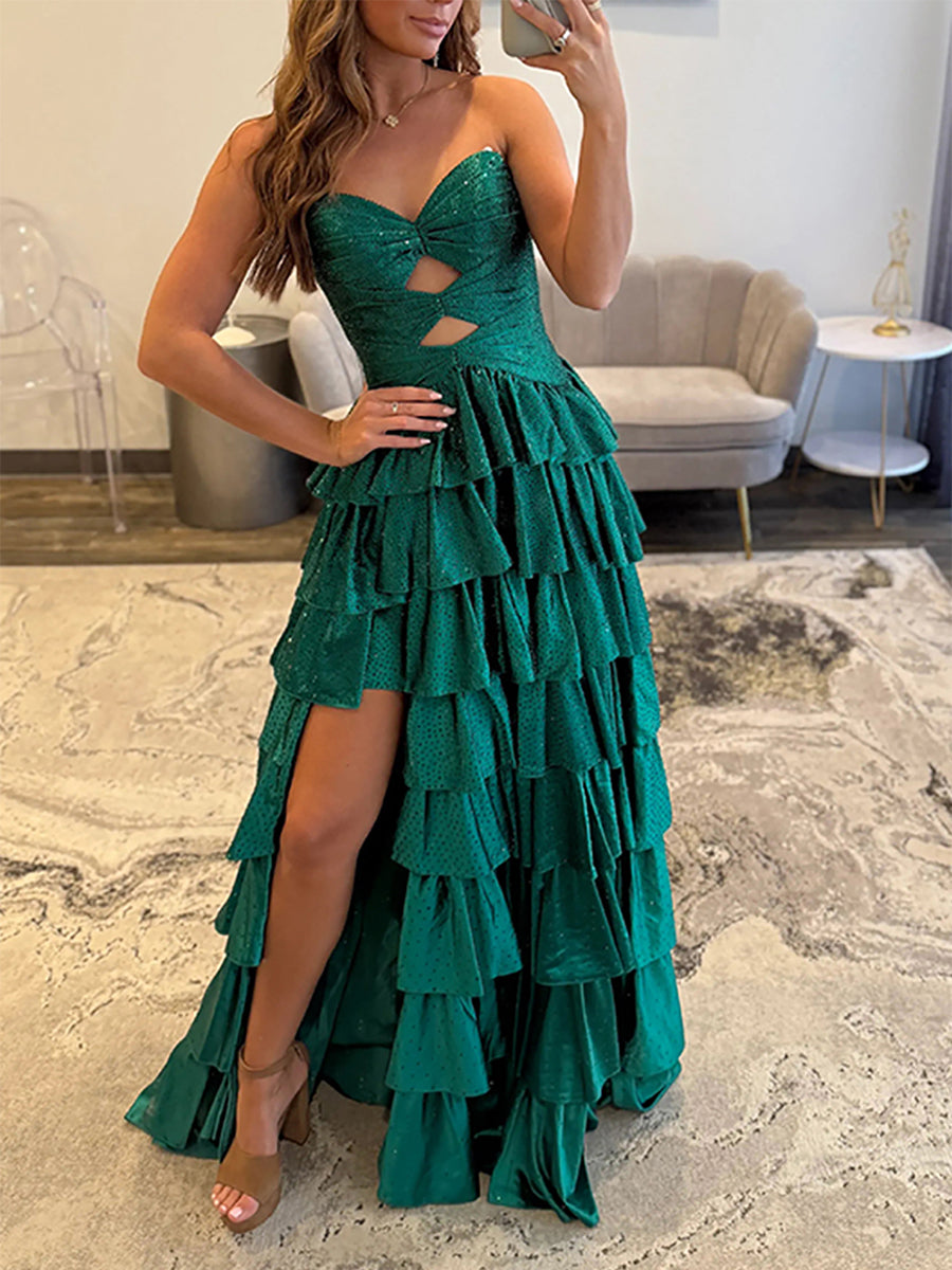 A Line Strapless Sweetheart Satin Long Prom Dress with Keyhole