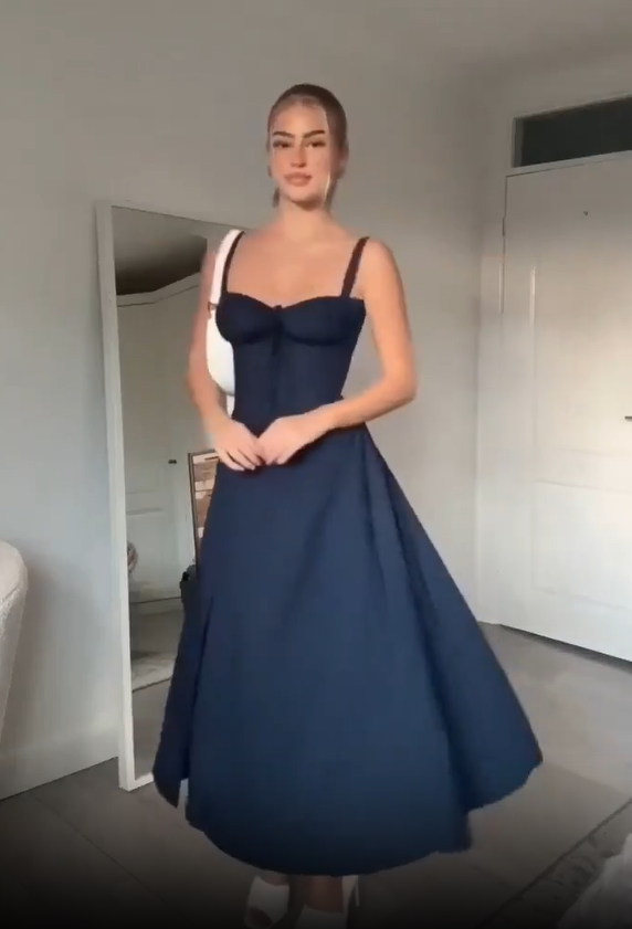 Cute A Line Satin Party Dress Navy Blue Slit Prom Evening Dress
