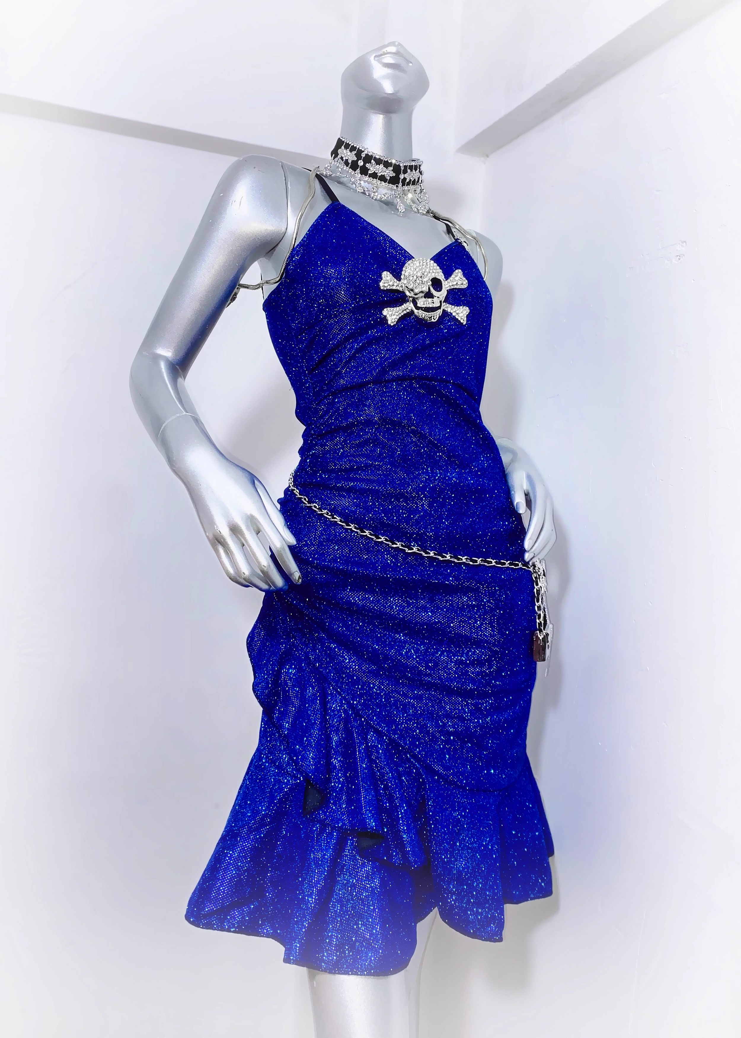 Gorgeous Spaghetti Straps Royal Blue Satin Ruffles Homecoming Dress Cocktail Dress