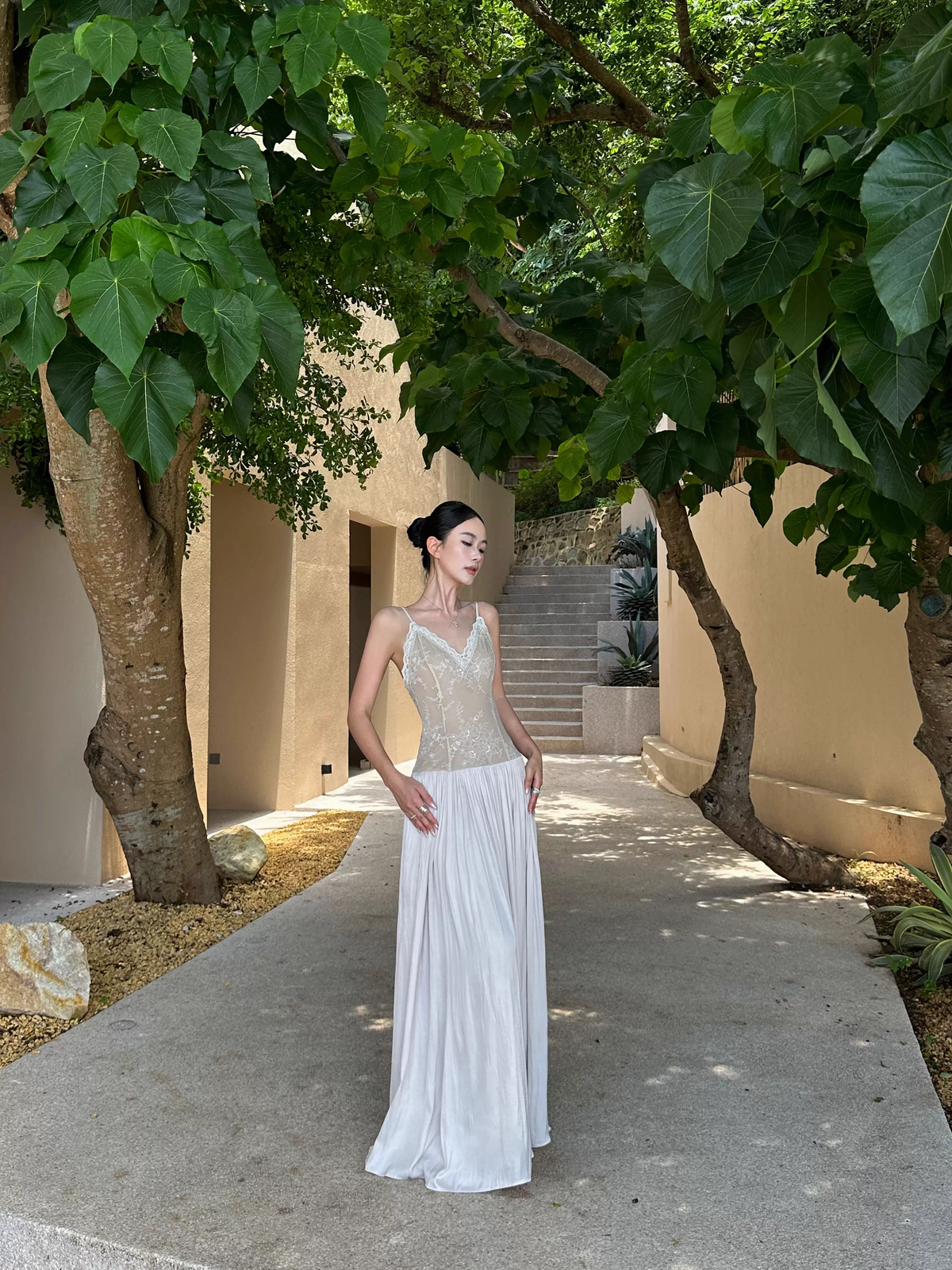 Unique Apricot Spaghetti Straps V-Neck Lace Satin A-Line Long Evening Dress Party Gown - View 7 | FashionDia