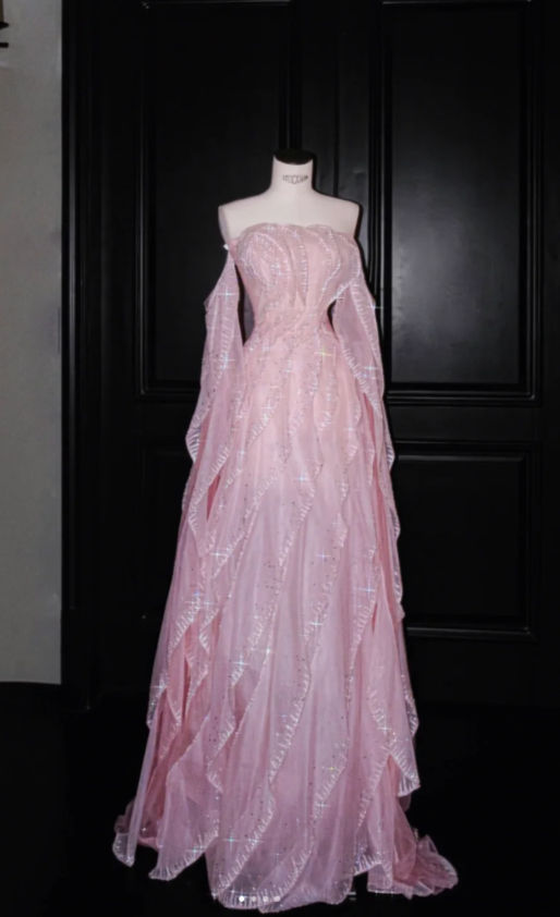 Glamorous Off The Shoulder Pink Chiffon Ruffles Sequin Beaded Long Party Dress Birthday Prom Dress