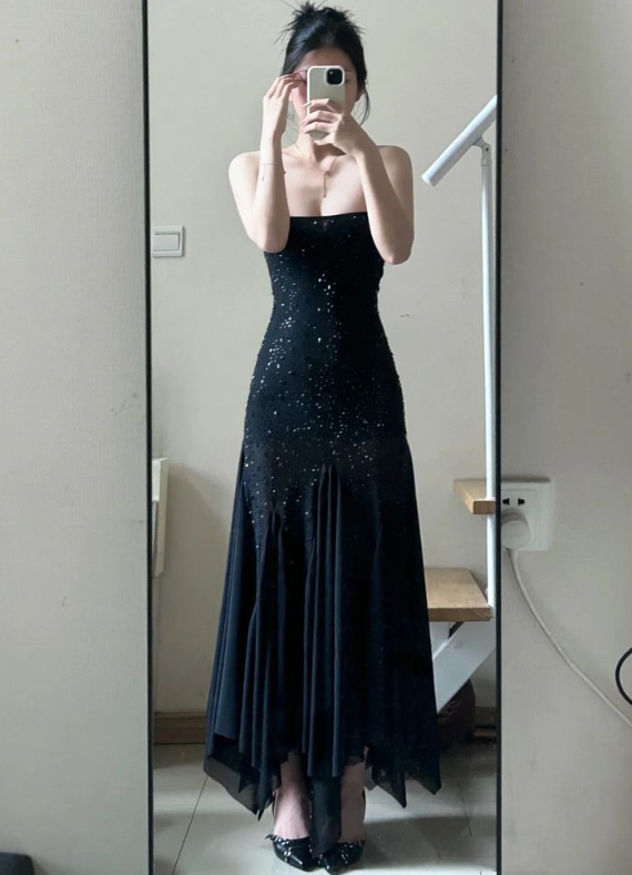 Sexy Black Rhinestone Mermaid Prom Dress Spaghetti Straps Chiffon Evening Dress