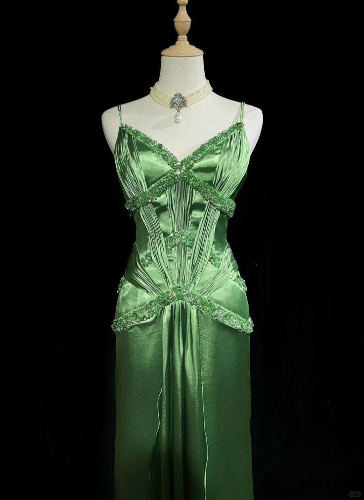 Vintage Green Satin Beaded Party Prom Dress,Spaghetti Strap Evening Dress - View 3 | FashionDia