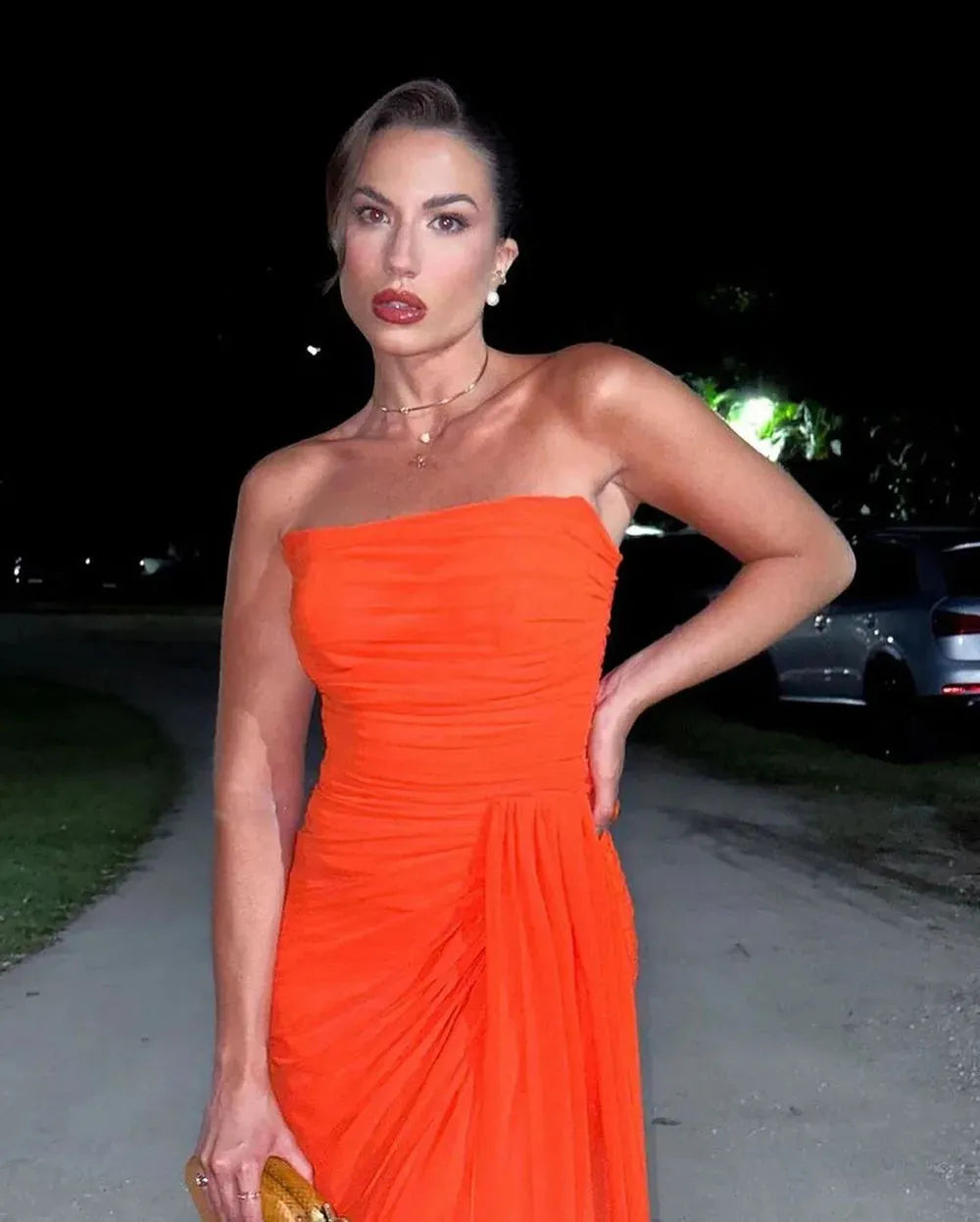 Orange Charming Prom Gown Strapless Pleat Anke Length Evening Dresses With Draped Party Celebrity Night Dinner Gowns