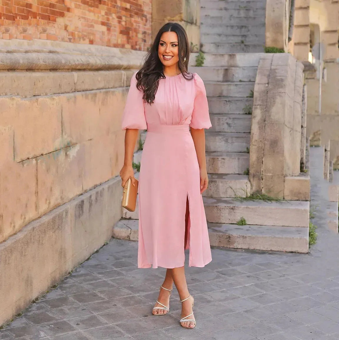 Short Sleeves Pink Evening Dresses Satin Wedding Party Wear Prom Dresses A-Line Simple Women Birthday Dresses Pink