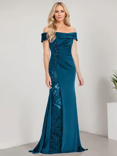A-Line Off-the-Shoulder Floor-Length Mother of the Bride Dress Applique Beadings Mermaid Dress With High Split - View 4 | FashionDia