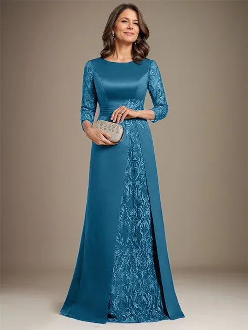 A-Line Scoop Floor-Length Lace Satin Mother Of the Bride Dress With Applique - View 9 | FashionDia