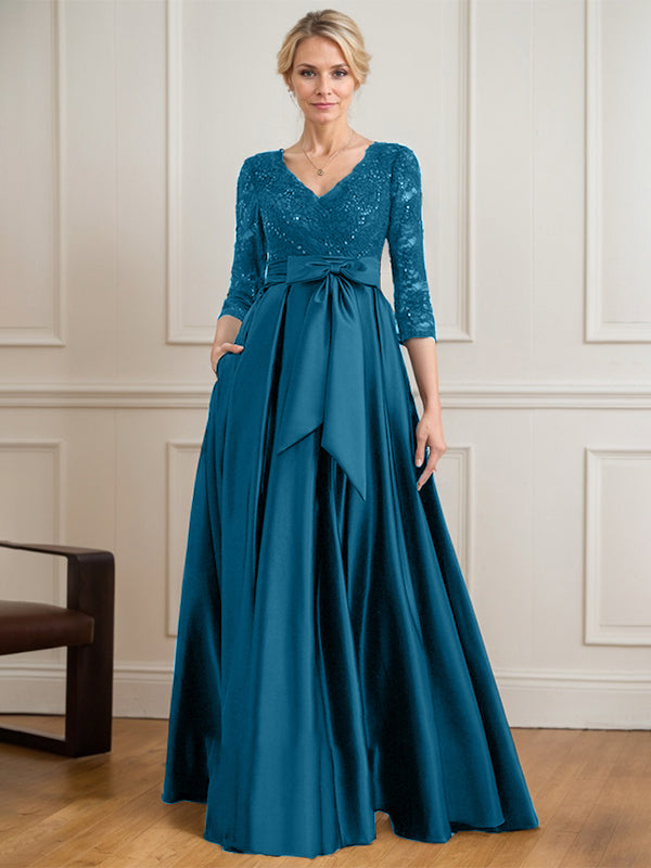 A-line V-Neck Floor-Length Satin Lace Mother of the Bride Dress With Sequins Bow - View 12 | FashionDia